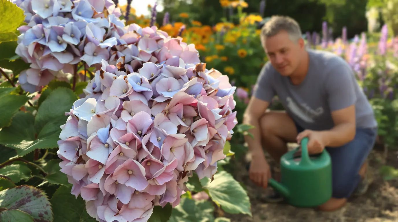 Hortensia aux fleurs roses et bleues fanées et affaissées, entouré de feuillage terni, illustrant la souffrance de la plante sous stress thermique.