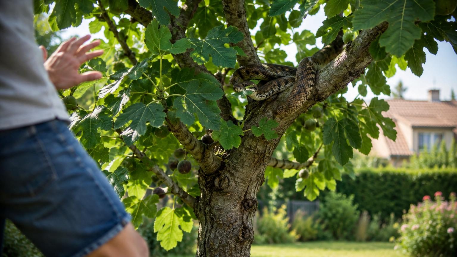 Un figuier aux larges feuilles vertes offrant une ombre dense, avec des figues mûres au sol et un serpent enroulé discrètement à la base du tronc.