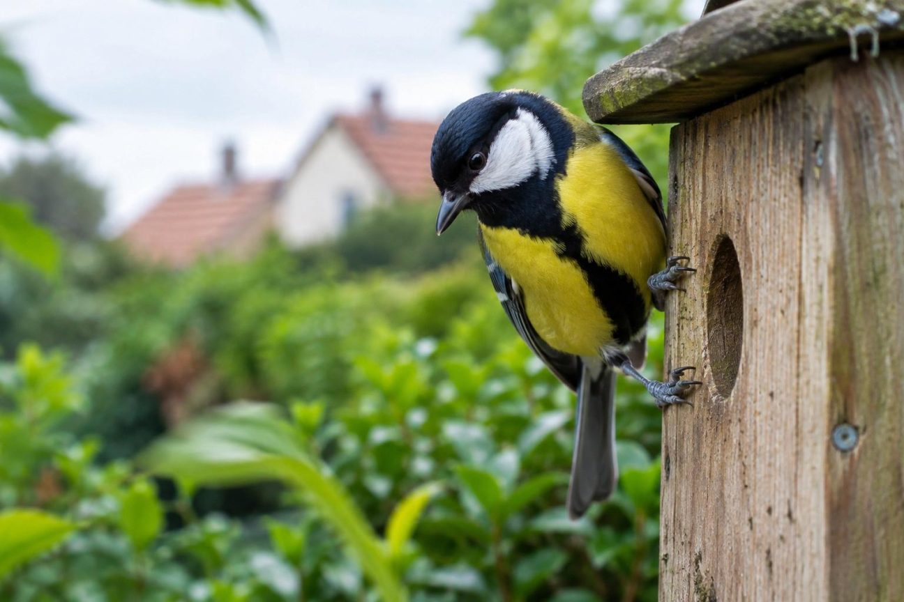 Mésange charbonnière aux plumes noires et blanches, perchée sur une branche en jardín, regardant vers la caméra avec ses caractéristiques yeux vifs.