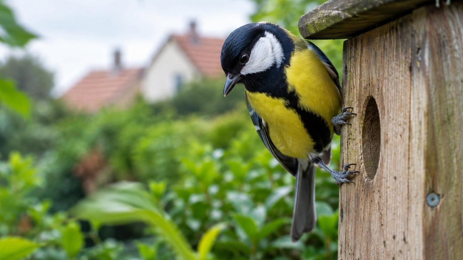 Mésange charbonnière aux plumes noires et blanches, perchée sur une branche en jardín, regardant vers la caméra avec ses caractéristiques yeux vifs.