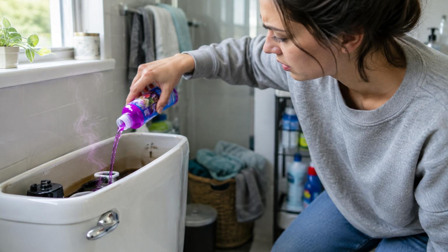 Un réservoir de toilettes versant un liquide coloré bleu ou violet dans la cuvette avec des bulles de mousse, illustration du produit ménager versé selon la tendance TikTok.
