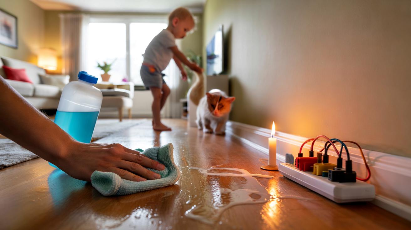 Chiffon microfibre et spray de nettoyage naturel près de plinthes propres, illustrant une méthode sûre de nettoyage sans risque d'incendie.