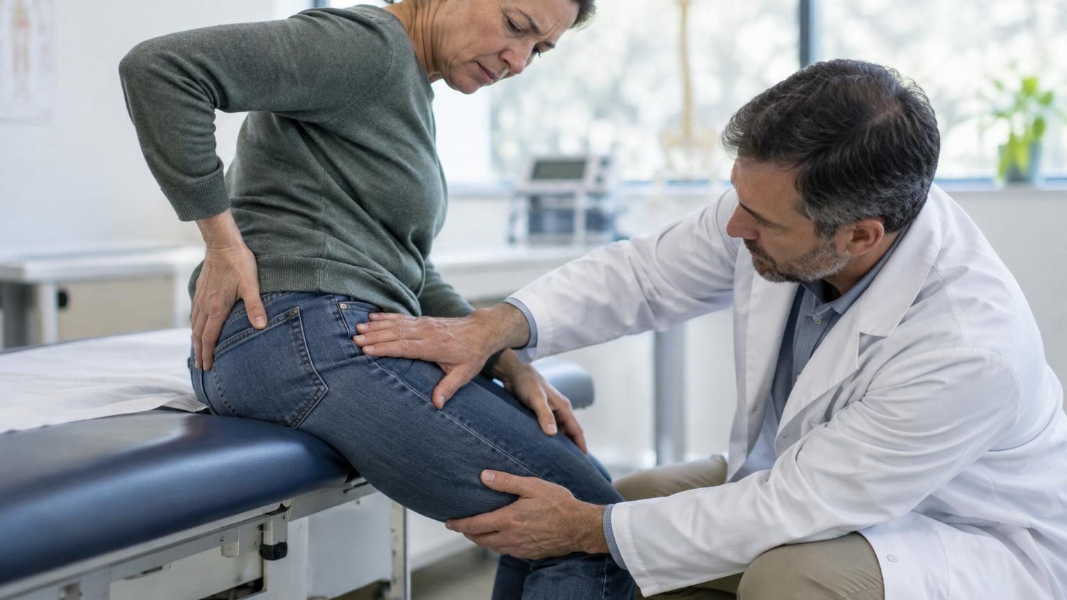 Illustration médicale montrant un patient allongé sur le dos subissant un test de mobilité de la hanche, illustrant le diagnostic clinique du syndrome du piriforme par examen physique.