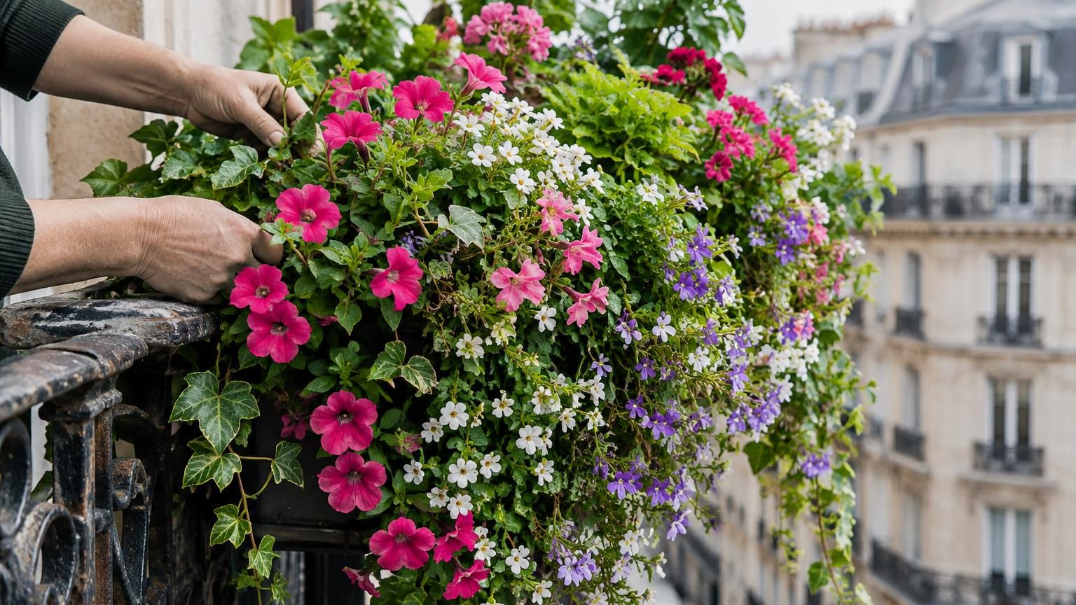 Un balcon débordant de fleurs de surfinia en cascade aux couleurs pastels retombant sur la rambarde, créant un effet rideau coloré qui attire la lumière du soir.
