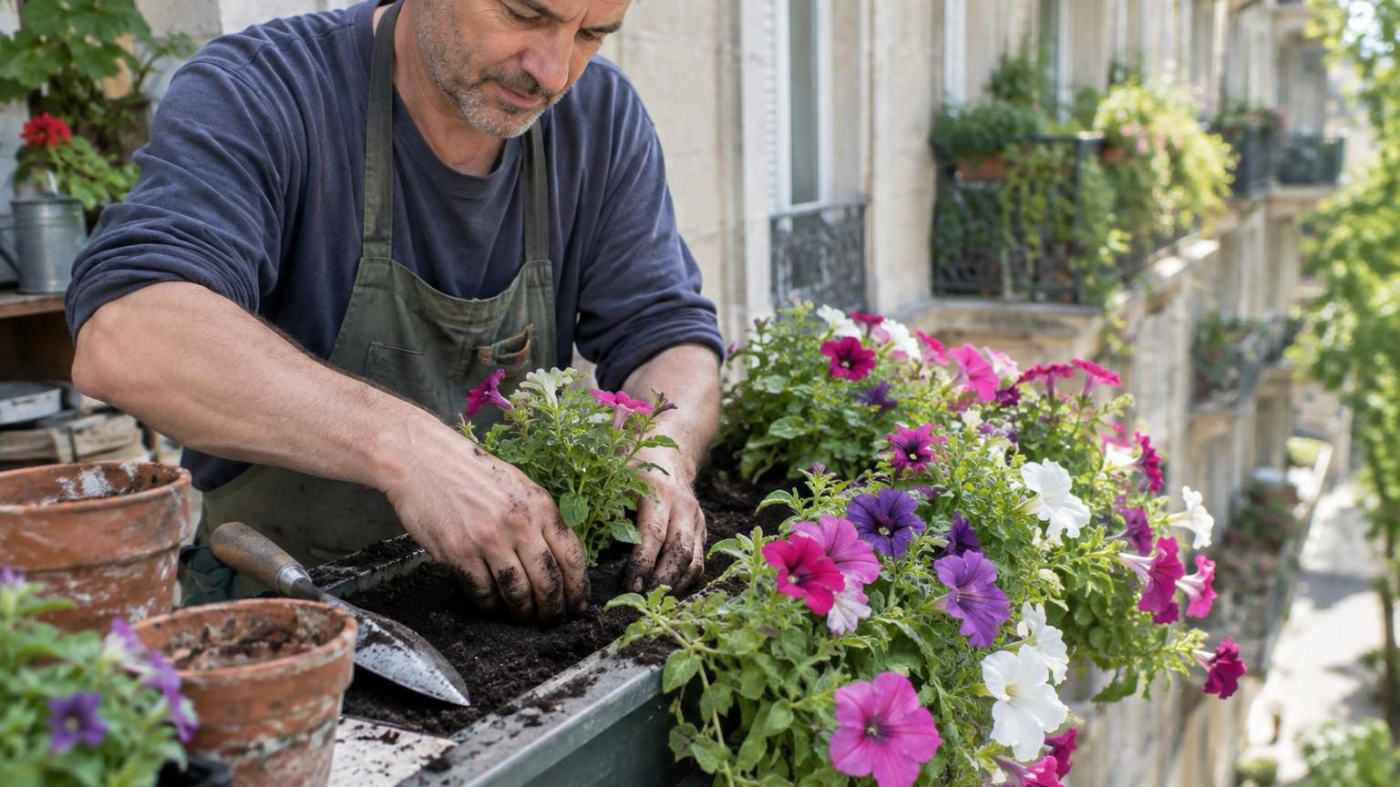 Jardinières débordant de calibrachoas aux fleurs colorées en cascade sur un balcon ensoleillé