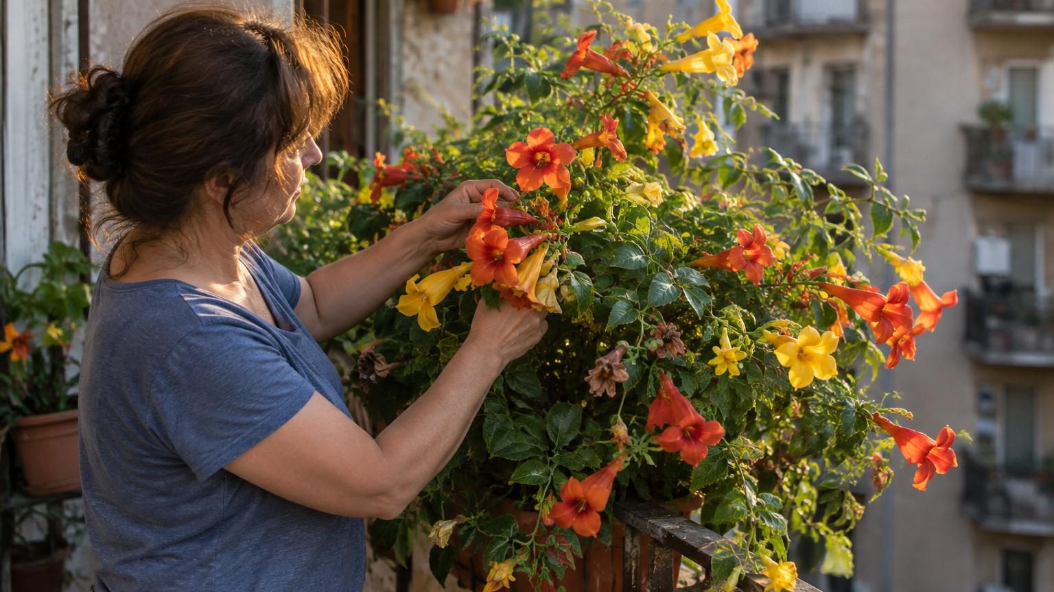 Grappes de fleurs multicolores du lantana (jaune, orange, rose) en cours d'épanouissement sur un balcon ensoleillé avec feuillage vert intense en arrière-plan.