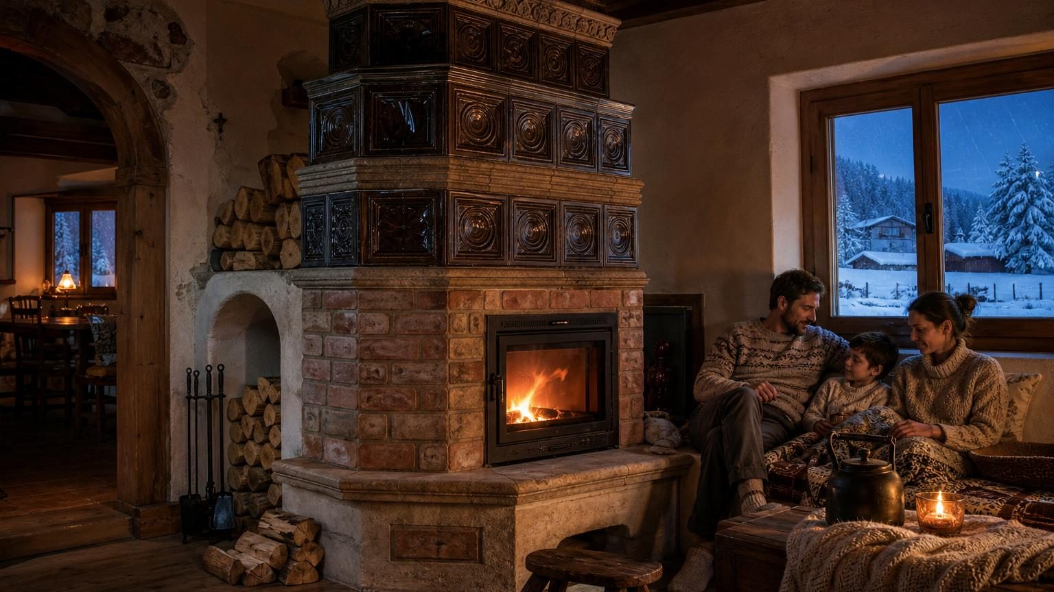 Un poêle de masse traditionnel en faïence décorée, construit contre un mur porteur d'une maison ancienne, diffusant une chaleur douce à travers une pièce de vie centrale.