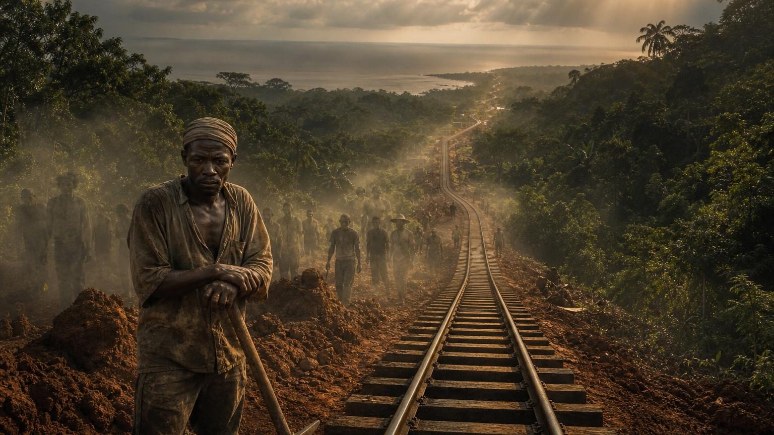 Voie ferrée historique traversant la forêt équatoriale d'Afrique centrale, symbole du coût humain de l'exploitation coloniale