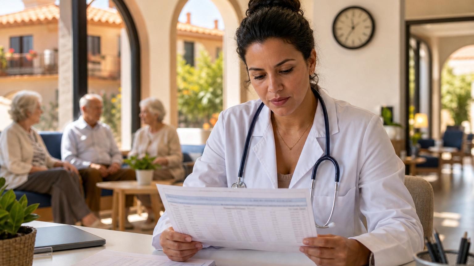 Femme médecin en blouse blanche examinant une patiente âgée dans une résidence privée, illustrant le contexte de travail d'une praticienne cubaine en Espagne.