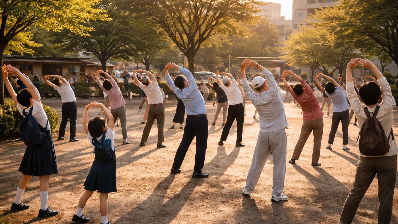 Personnes effectuant des mouvements de gymnastique douce en synchronisation, bras levés et posture alignée, dans une ambiance de réveil matinal énergique et paisible.