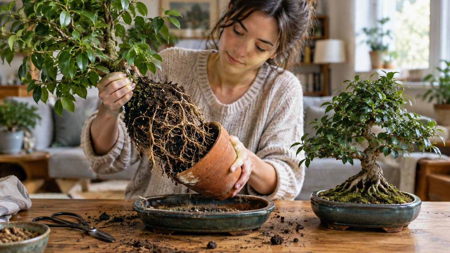 Pot peu profond contenant un jeune ficus aux racines épaisses partiellement exposées, présentant une silhouette trapue caractéristique du bonsaï en formation.