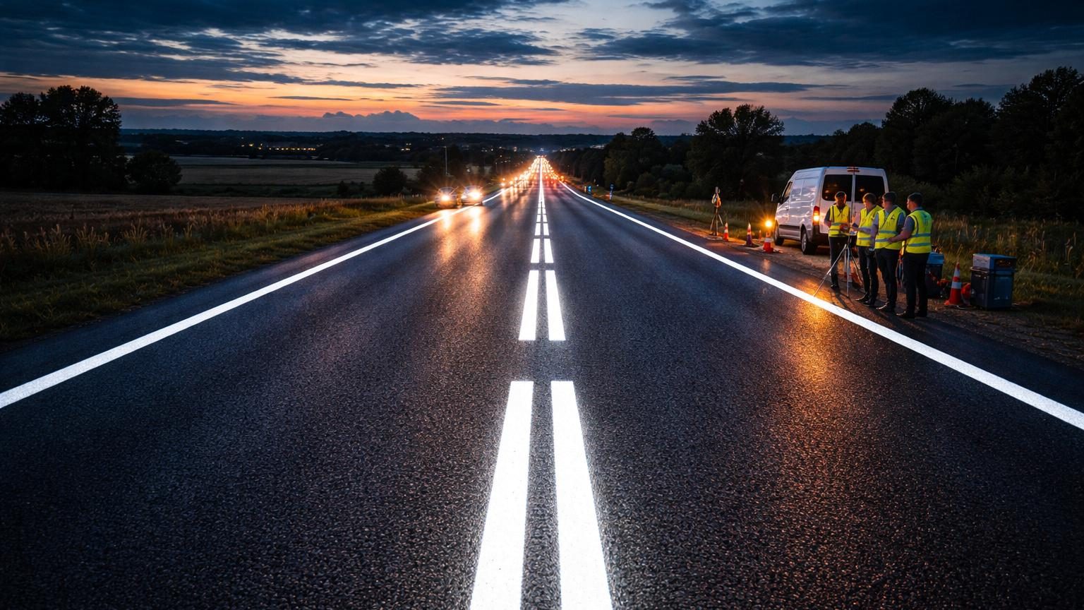 Route nationale à deux voies avec lignes blanches de séparation et de rive, sous un ciel partiellement nuageux, utilisée comme laboratoire d'essai pour peinture routière expérimentale.