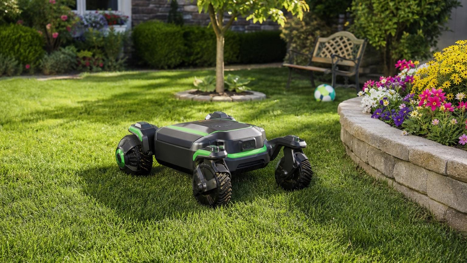 Une tondeuse robot à quatre roues directrices se déplaçant latéralement en crabe dans un jardin, contournant des obstacles et des bordures avec précision.