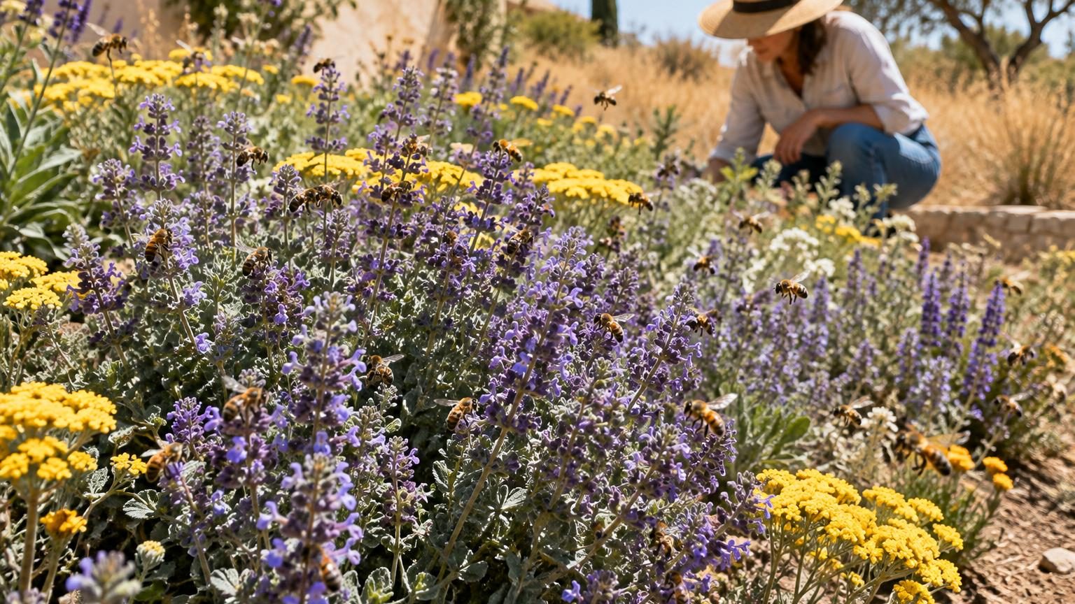 Épis floraux bleus et violets de sauge ornementale en plein soleil, attirant une abeille en visite, dans un massif de jardin sec et minéral