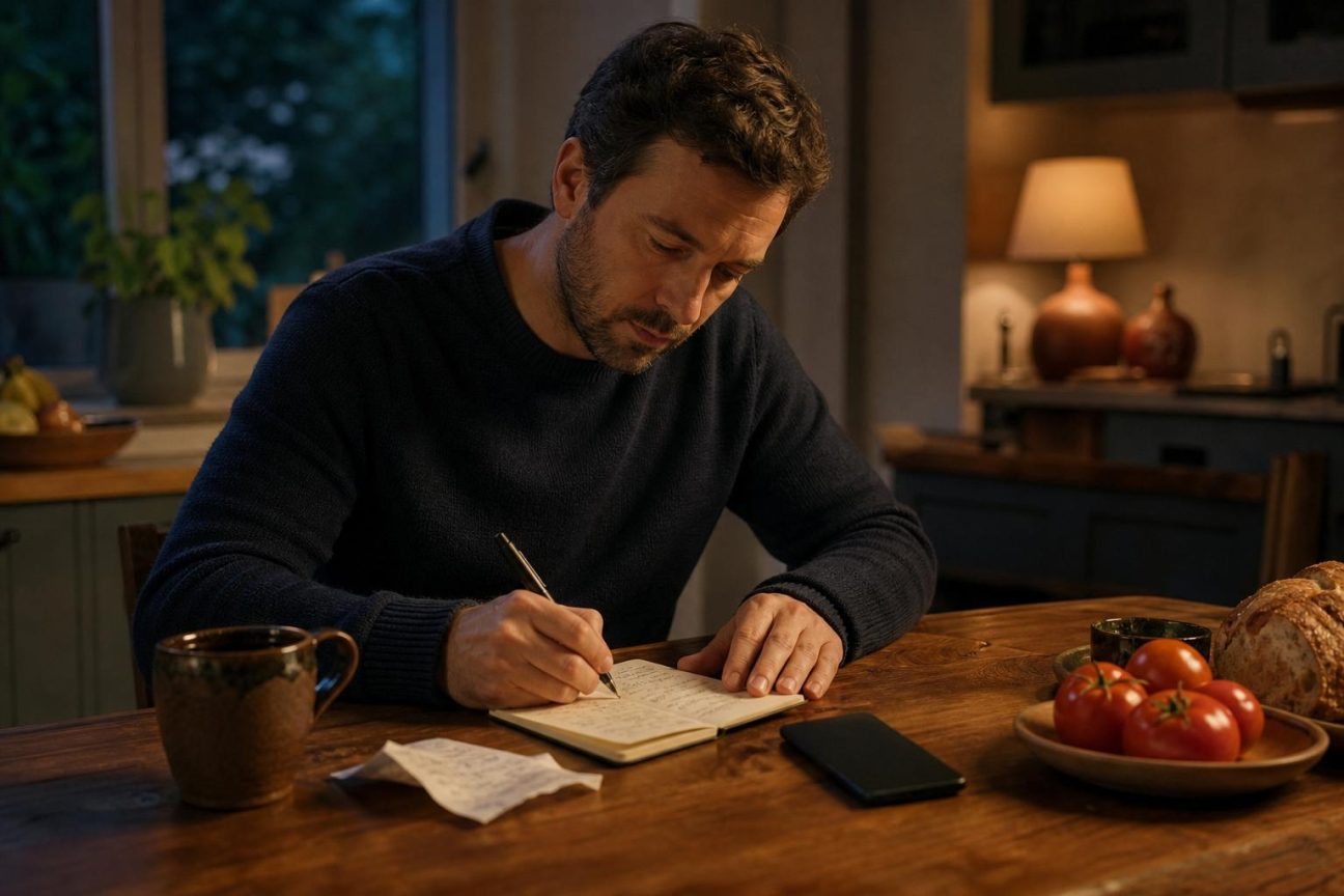 Un carnet ouvert avec une liste manuscrite écrite au stylo, entourée d'une tasse de café et de tickets froissés sur un bureau, évoquant l'organisation quotidienne simple et tangible.