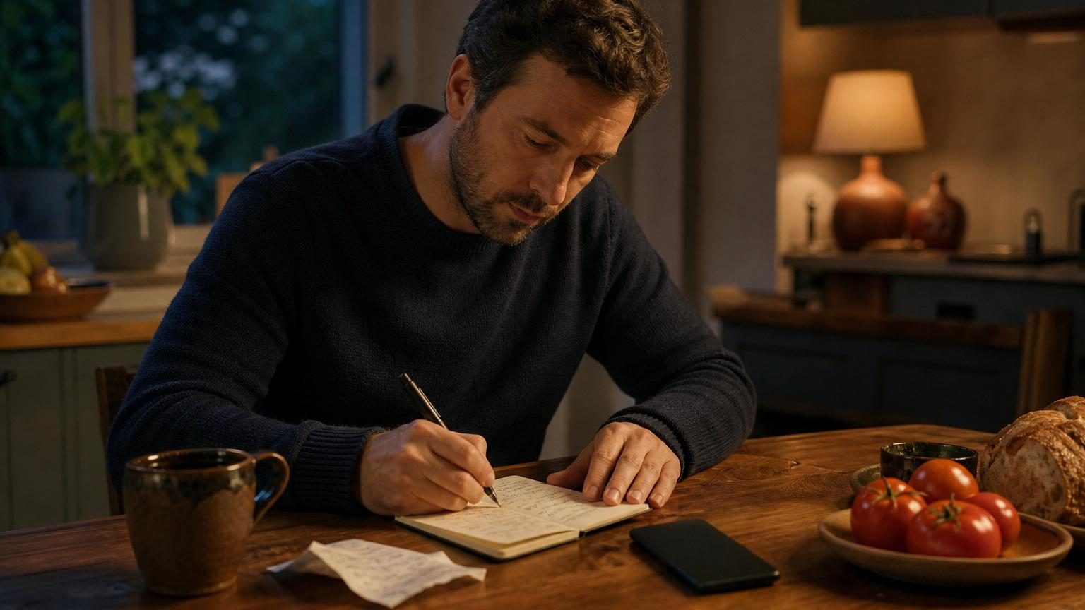 Un carnet ouvert avec une liste manuscrite écrite au stylo, entourée d'une tasse de café et de tickets froissés sur un bureau, évoquant l'organisation quotidienne simple et tangible.