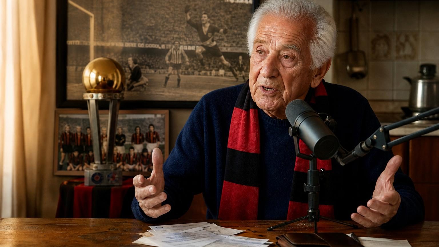 José Altafini, ancien attaquant brésilien du Milan, parle au micro en tant que commentateur sportif italien, illustrant son activité professionnelle actuelle malgré son grand âge.