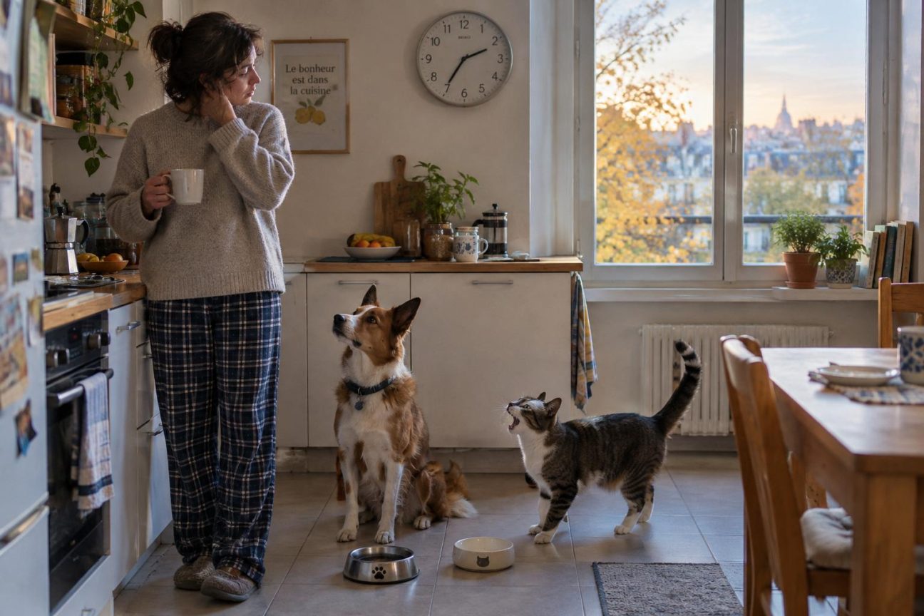 Un chien et un chat regardant leur gamelle vide, avec une horloge murale en arrière-plan montrant un décalage horaire.
