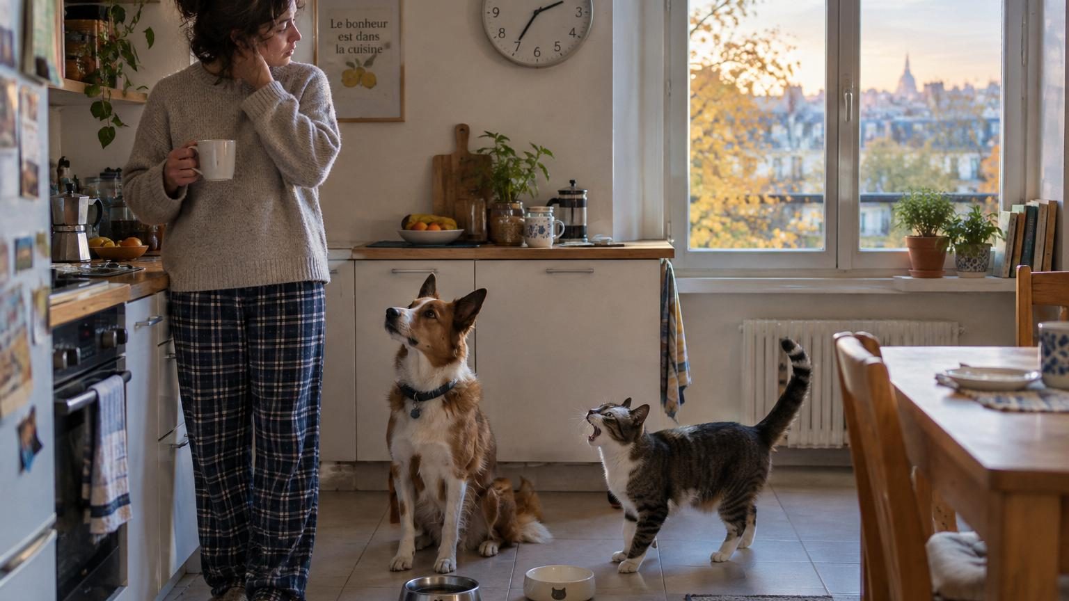 Un chien et un chat regardant leur gamelle vide, avec une horloge murale en arrière-plan montrant un décalage horaire.