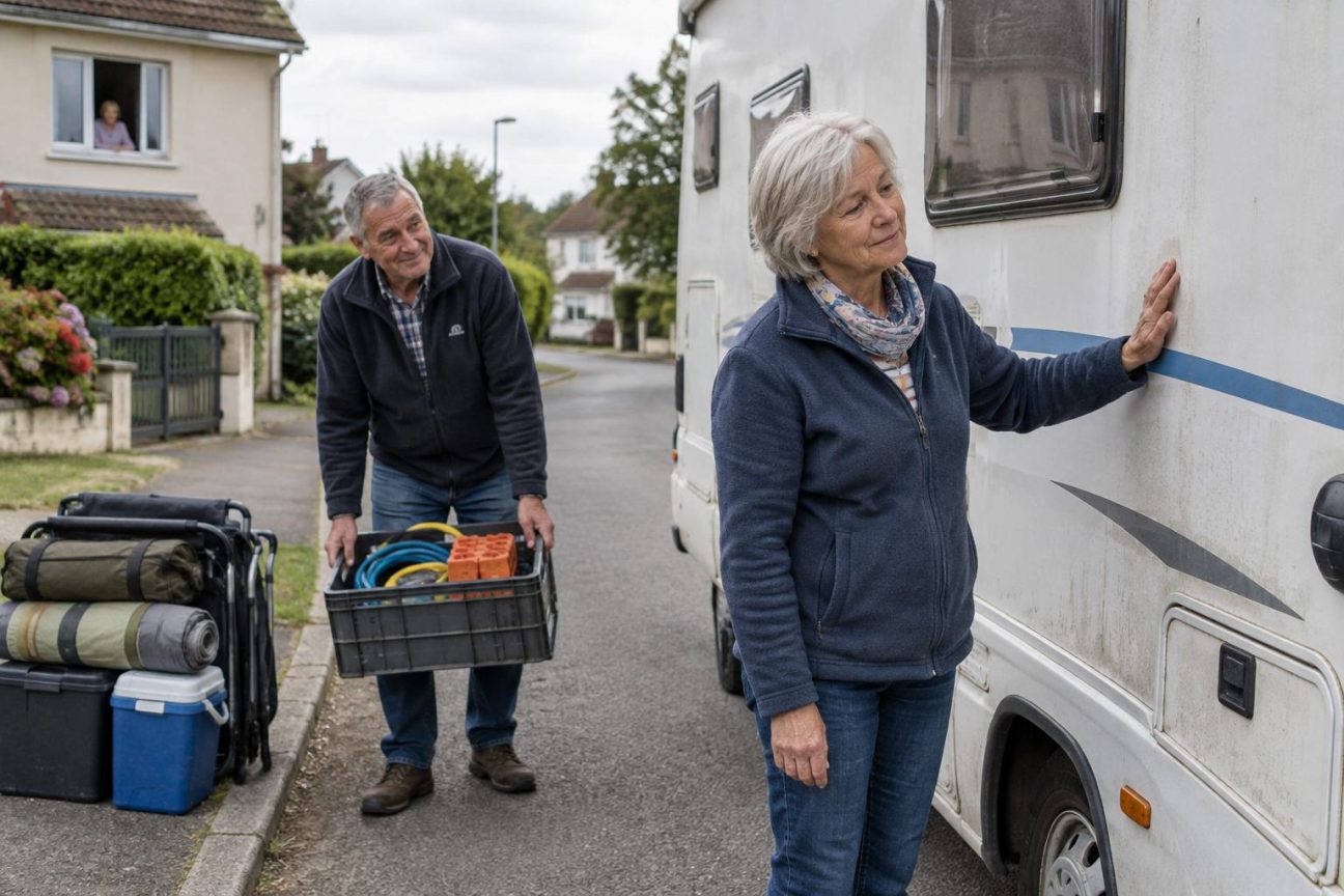Un couple de retraités devant un camping-car blanc, déchargeant des équipements du coffre, symbole de la fin d'une époque nomade