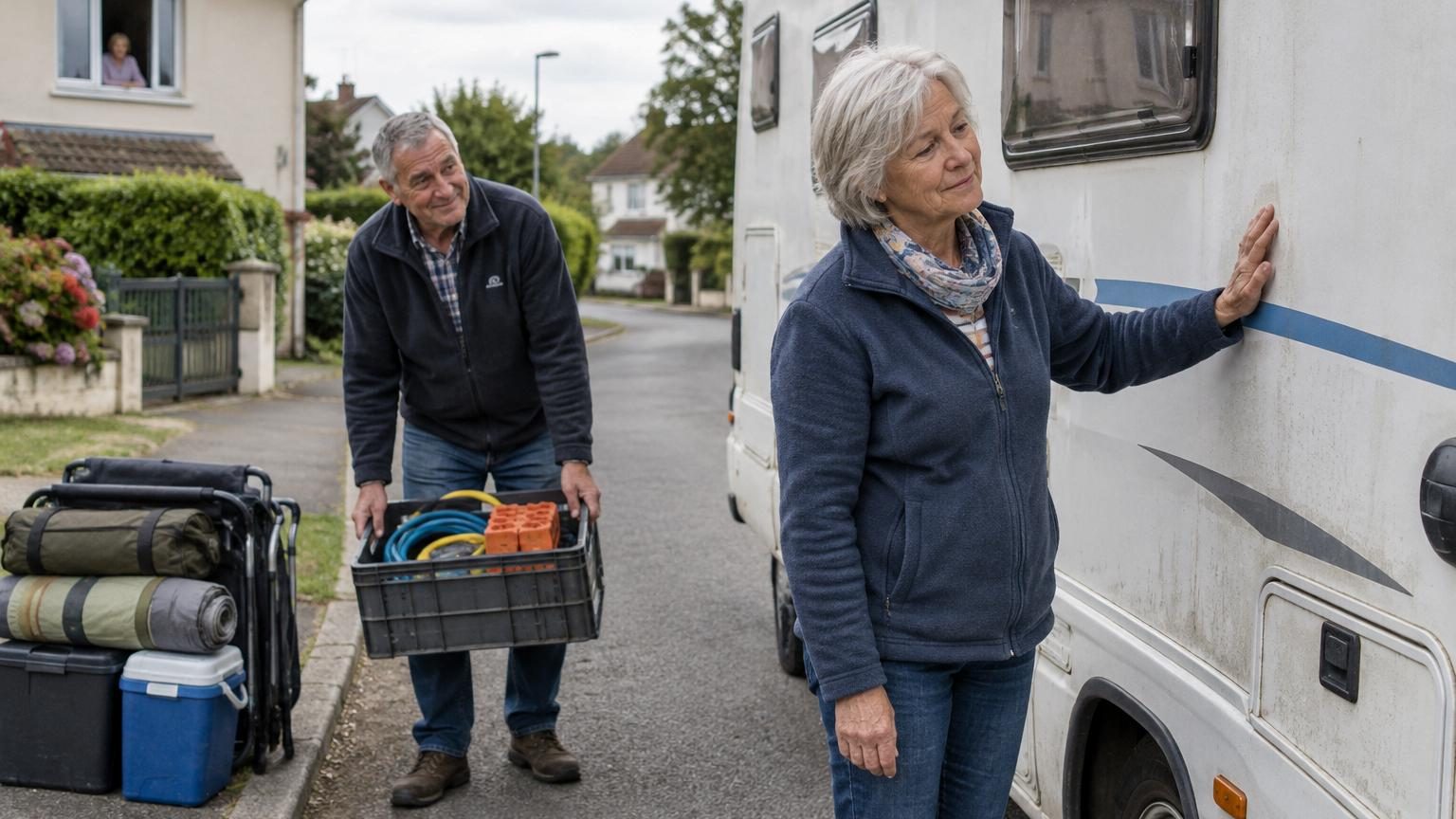 Un couple de retraités devant un camping-car blanc, déchargeant des équipements du coffre, symbole de la fin d'une époque nomade