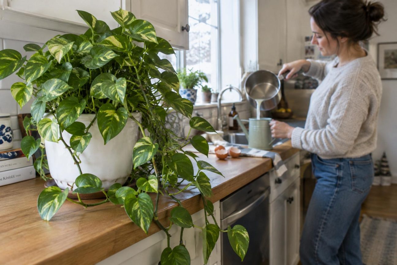 Un pothos luxuriant aux feuilles vertes et denses retombant en cascade depuis une étagère, comparé à un pothos flétri aux tiges jaunes et aux feuilles tachées de brun.