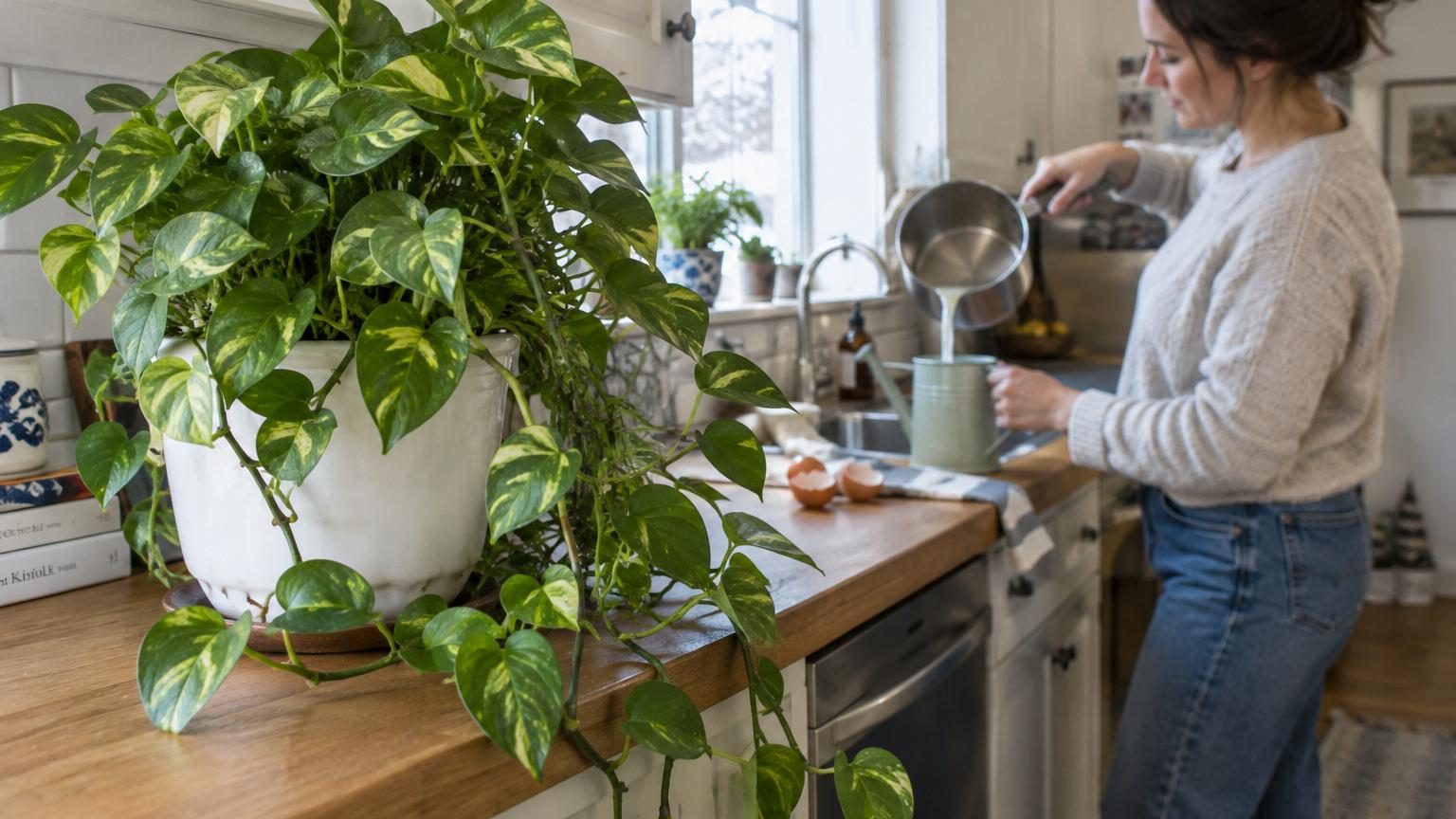 Un pothos luxuriant aux feuilles vertes et denses retombant en cascade depuis une étagère, comparé à un pothos flétri aux tiges jaunes et aux feuilles tachées de brun.