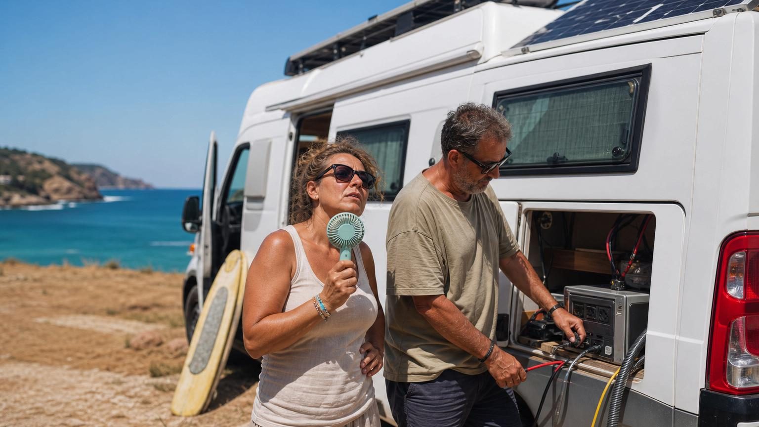 Charo et Carlos posent devant leur camping-car bleu lors d'une halte en montagne, symbolisant leur vie nomade depuis 11 ans sur les routes.