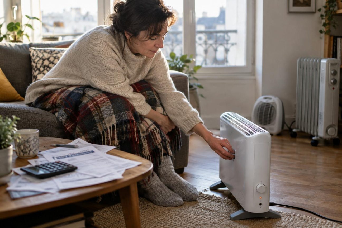 Comparaison visuelle de cinq types de chauffages d'appoint: radiateur soufflant compact, convecteur mural, panneau rayonnant, radiateur à bain d'huile, et poêle à gaz, illustrant leurs différences de forme et d'utilisation.