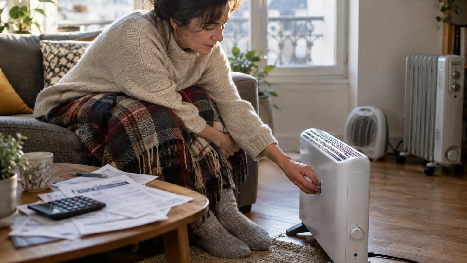 Comparaison visuelle de cinq types de chauffages d'appoint: radiateur soufflant compact, convecteur mural, panneau rayonnant, radiateur à bain d'huile, et poêle à gaz, illustrant leurs différences de forme et d'utilisation.