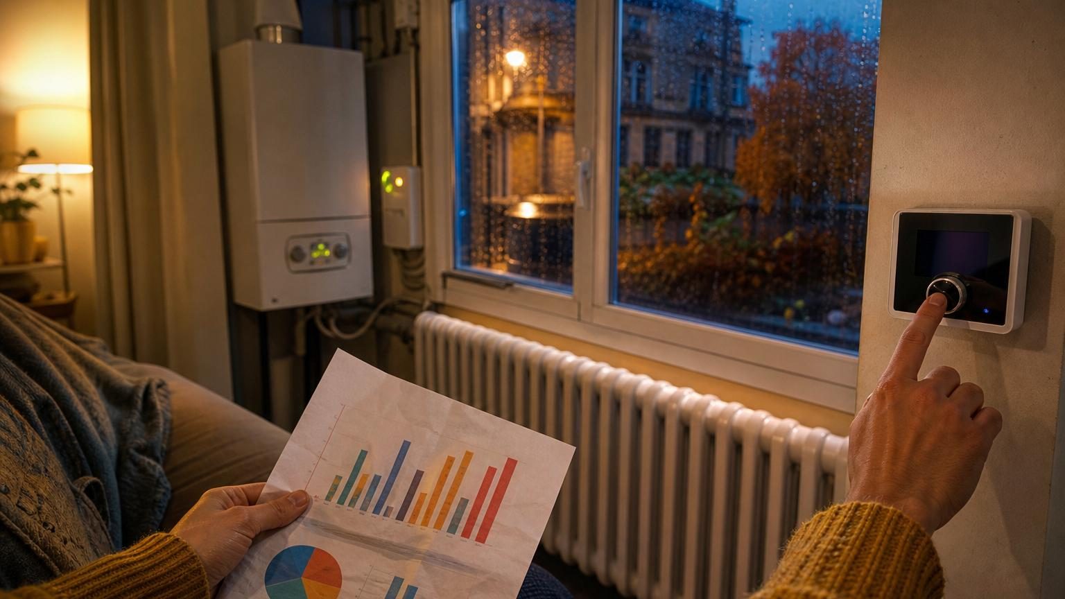 Thermostat de chauffage avec affichage numérique en gros plan, mains ajustant la température alors que la maison s'apprête à entrer en période hivernale.
