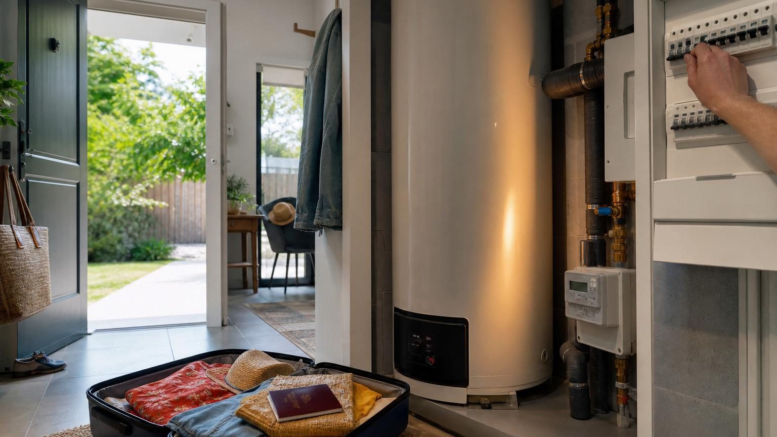 Tableau électrique domestique avec disjoncteurs et contacteur pour couper l'alimentation du chauffe-eau avant les vacances.