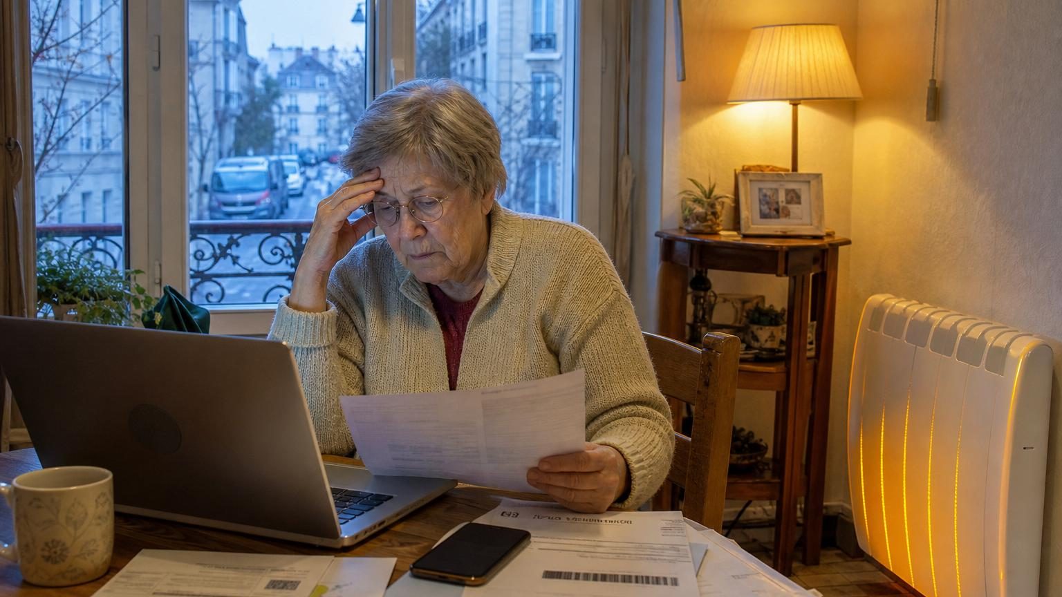 Enveloppe de courrier administratif ouverte sur un bureau avec documents fiscaux et facture d'électricité, symbolisant l'attente du chèque énergie et les démarches administratives