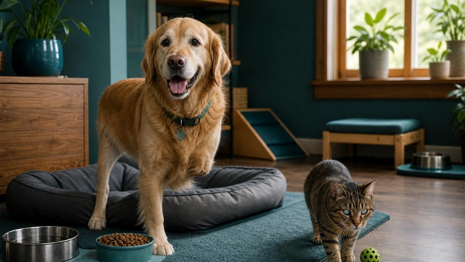 Chat gris assis sur un coussin confortable à proximité de gamelles de nourriture bien accessibles dans un intérieur aménagé de manière apaisante
