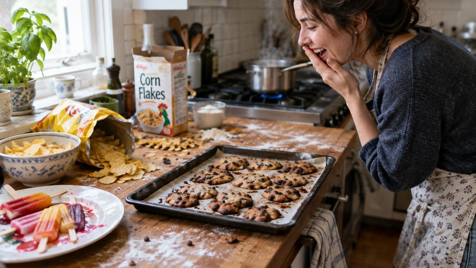 Plan de travail de cuisine avec chips croustillantes, cookies aux pépites de chocolat, corn flakes et popsicle coloré, symbolisant les accidents culinaires devenus cultes