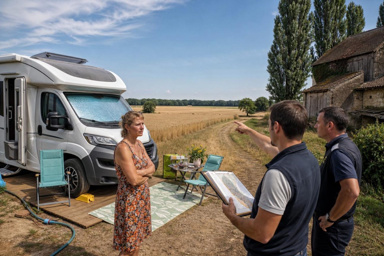 Un camping-car de couleur claire stationné discrètement au fond d'un terrain familial agricole, entouré de peupliers, avec une petite terrasse adjacente et des équipements de branchement.