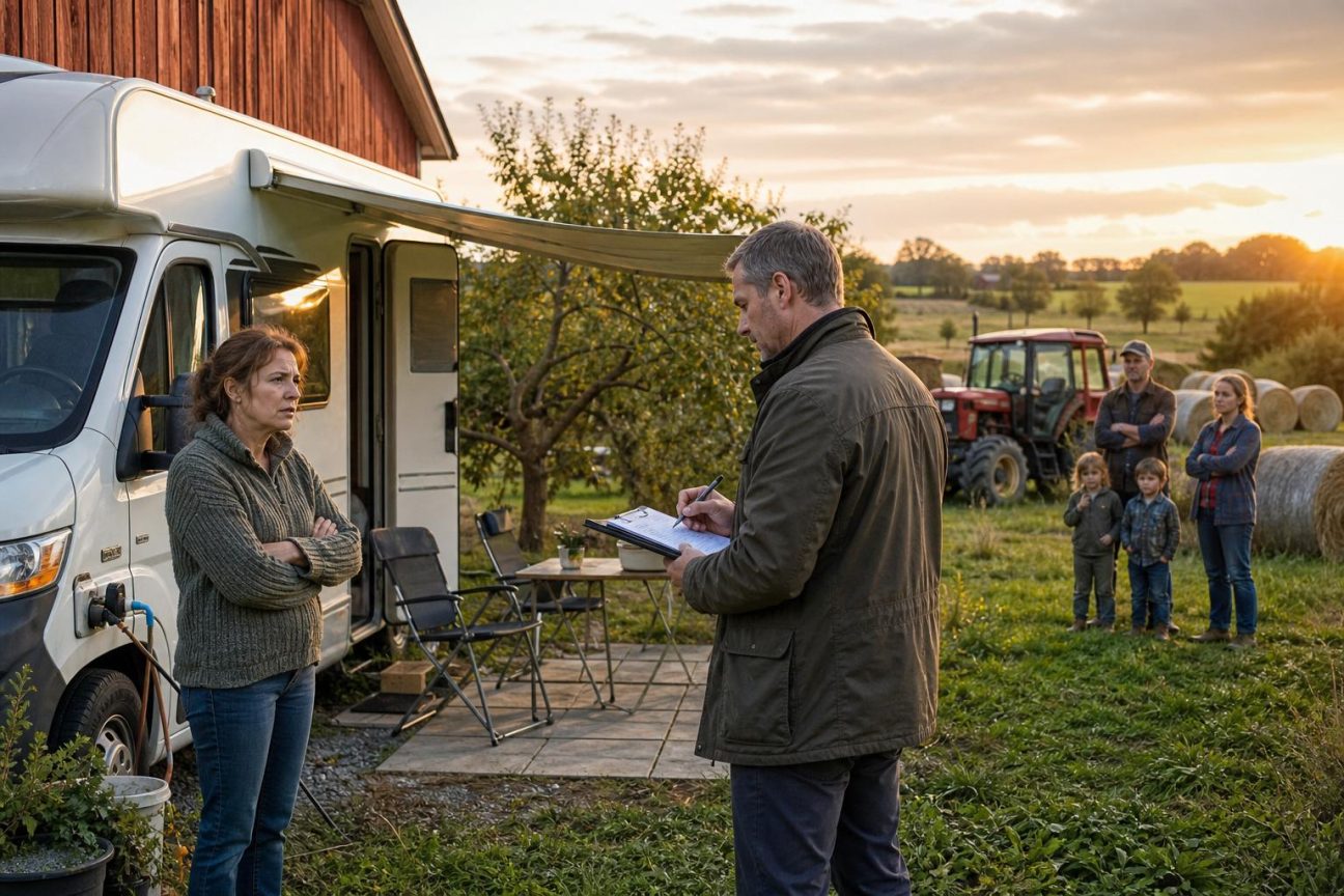 Un camping-car blanc garé au bord d'une parcelle agricole derrière une grange, avec un auvent déployé, une petite terrasse et des raccordements d'eau visibles, sous un ciel coucher de soleil.