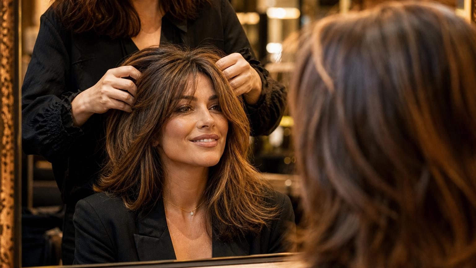 Femme admirant son reflet dans un miroir après une coupe de cheveux qui allège et encadre harmonieusement son visage.