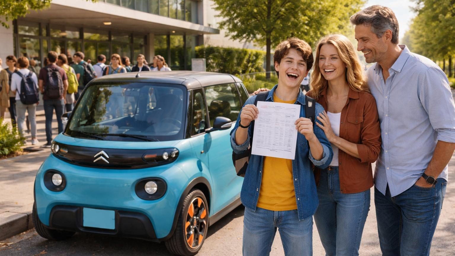 Une jeune adolescente réussie tenant son diplôme du brevet devant une Citroën Ami électrique jaune ou colorée, symbolisant la récompense scolaire liée à l'achat du véhicule.