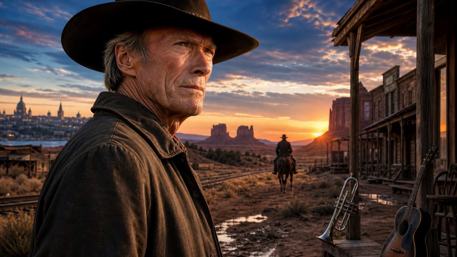 Portrait de Clint Eastwood, cinéaste aux cheveux gris, dans une pose contemplative reflétant son analyse du western américain.