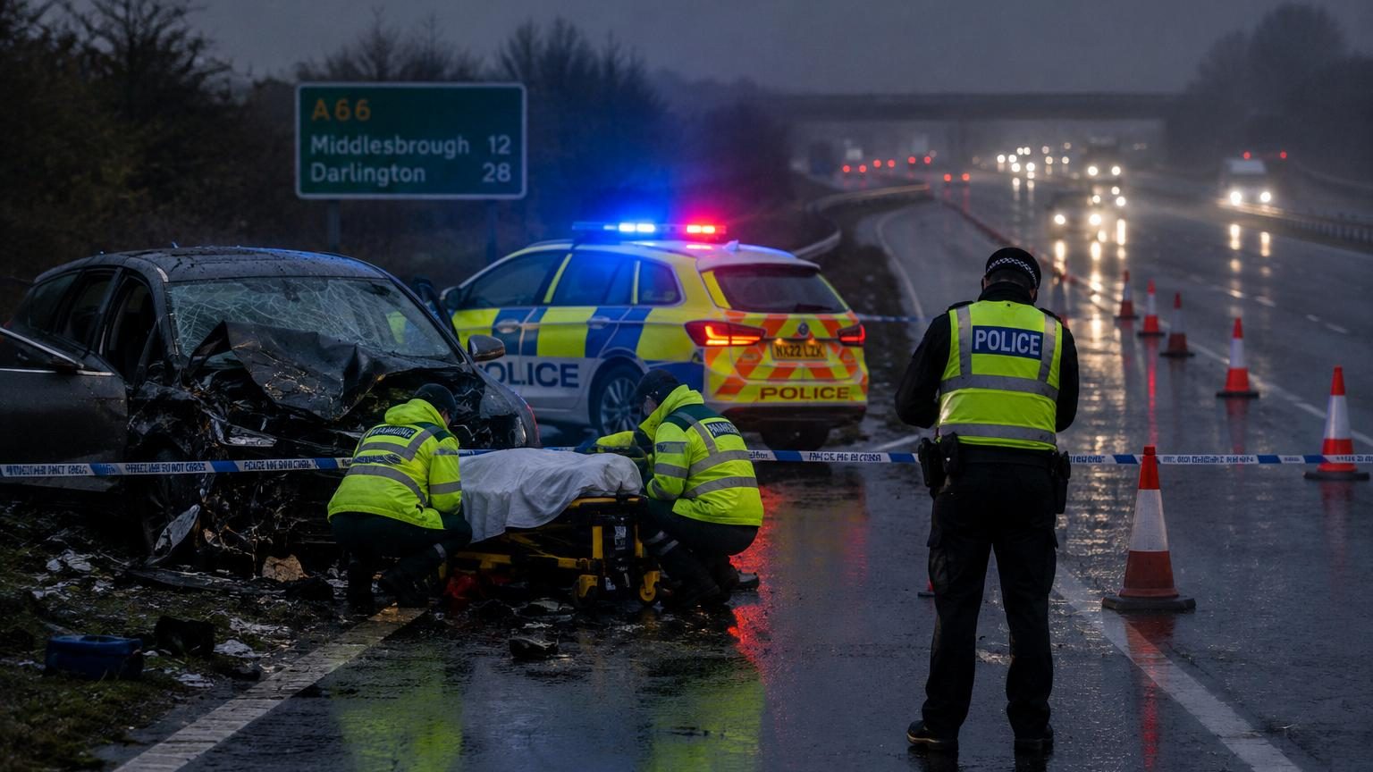 Autoroute A66 de nuit avec débris de véhicules éparpillés, voitures endommagées et phares allumés dans l'obscurité après une collision mortelle