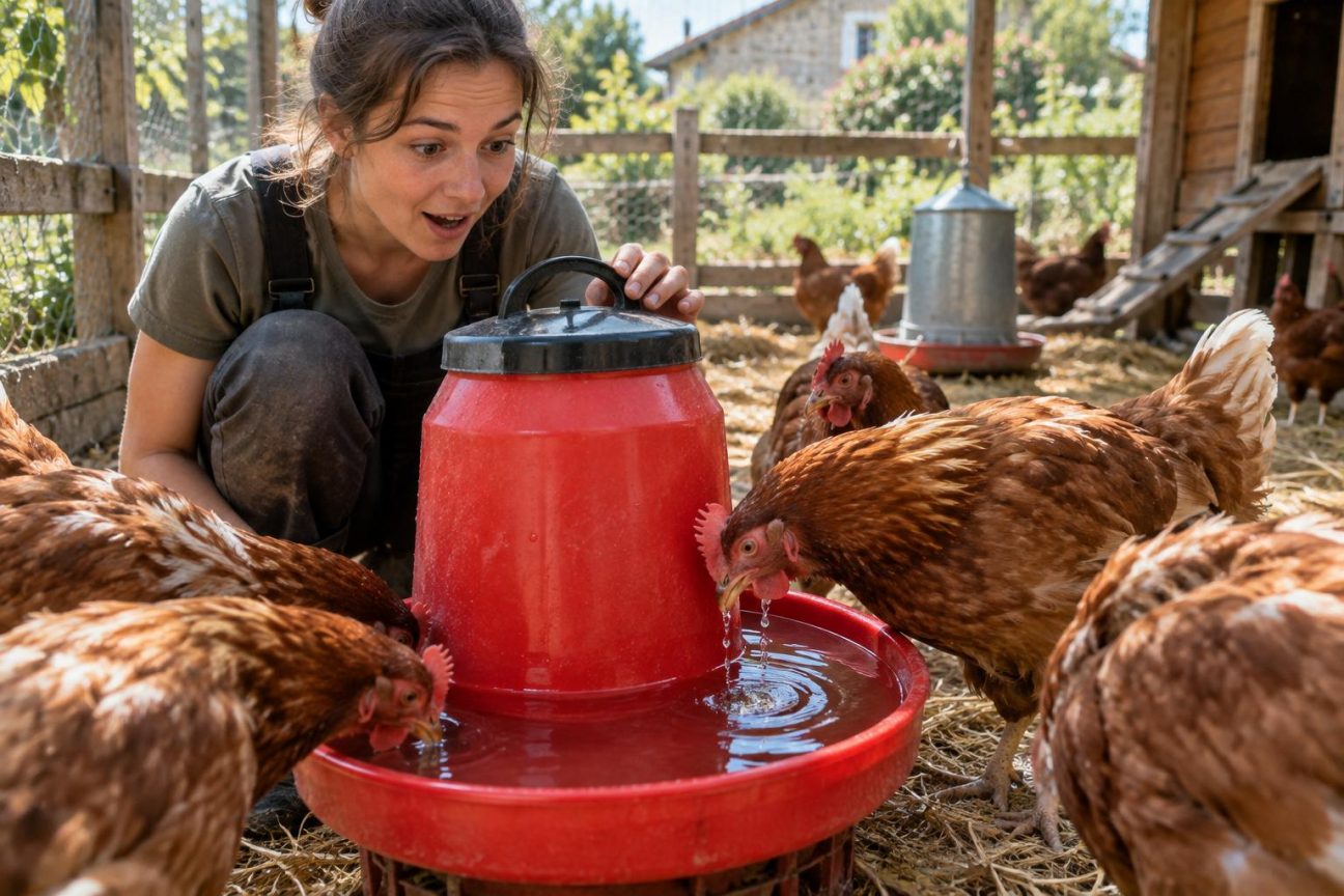 Poule buvant dans un abreuvoir en plastique bleu, entourée d'herbe dans un poulailler de jardin.