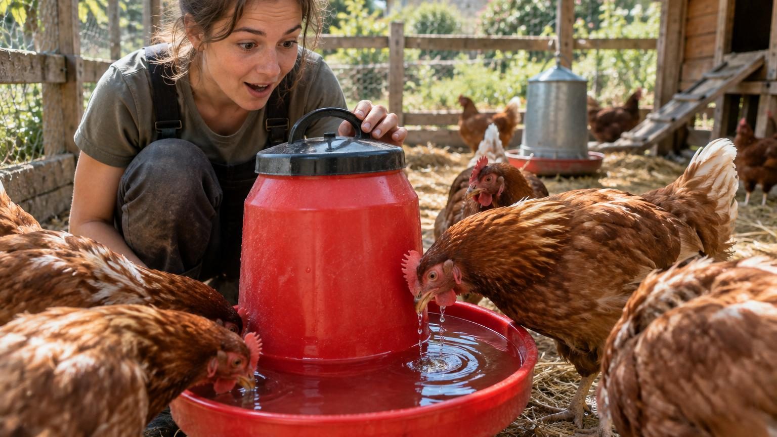 Poule buvant dans un abreuvoir en plastique bleu, entourée d'herbe dans un poulailler de jardin.