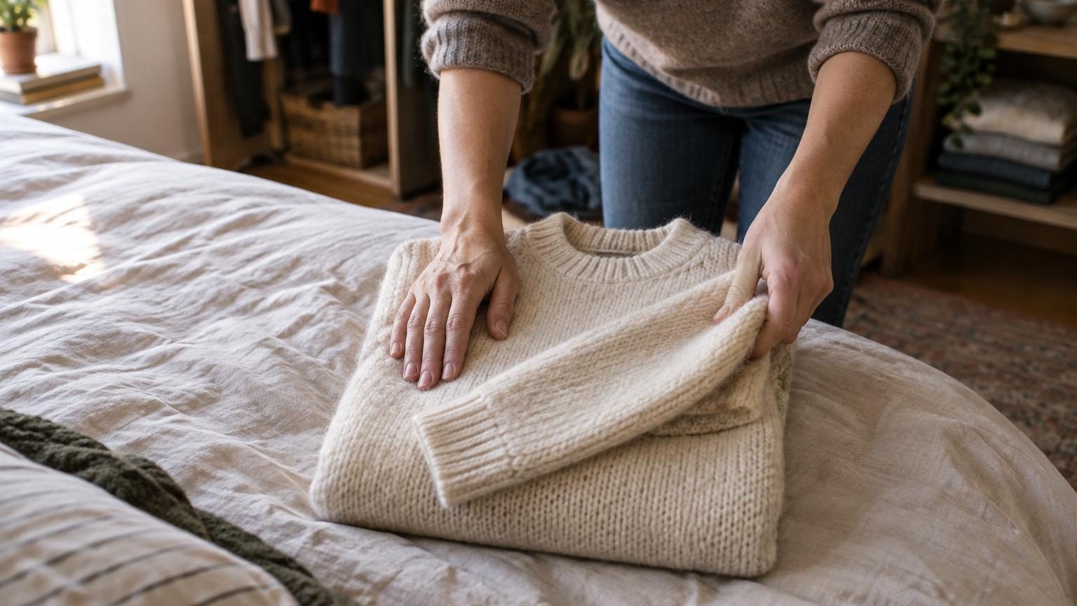 Un pull beige plié régulièrement en rectangles compacts, empilés soigneusement dans un tiroir de rangement bien organisé.