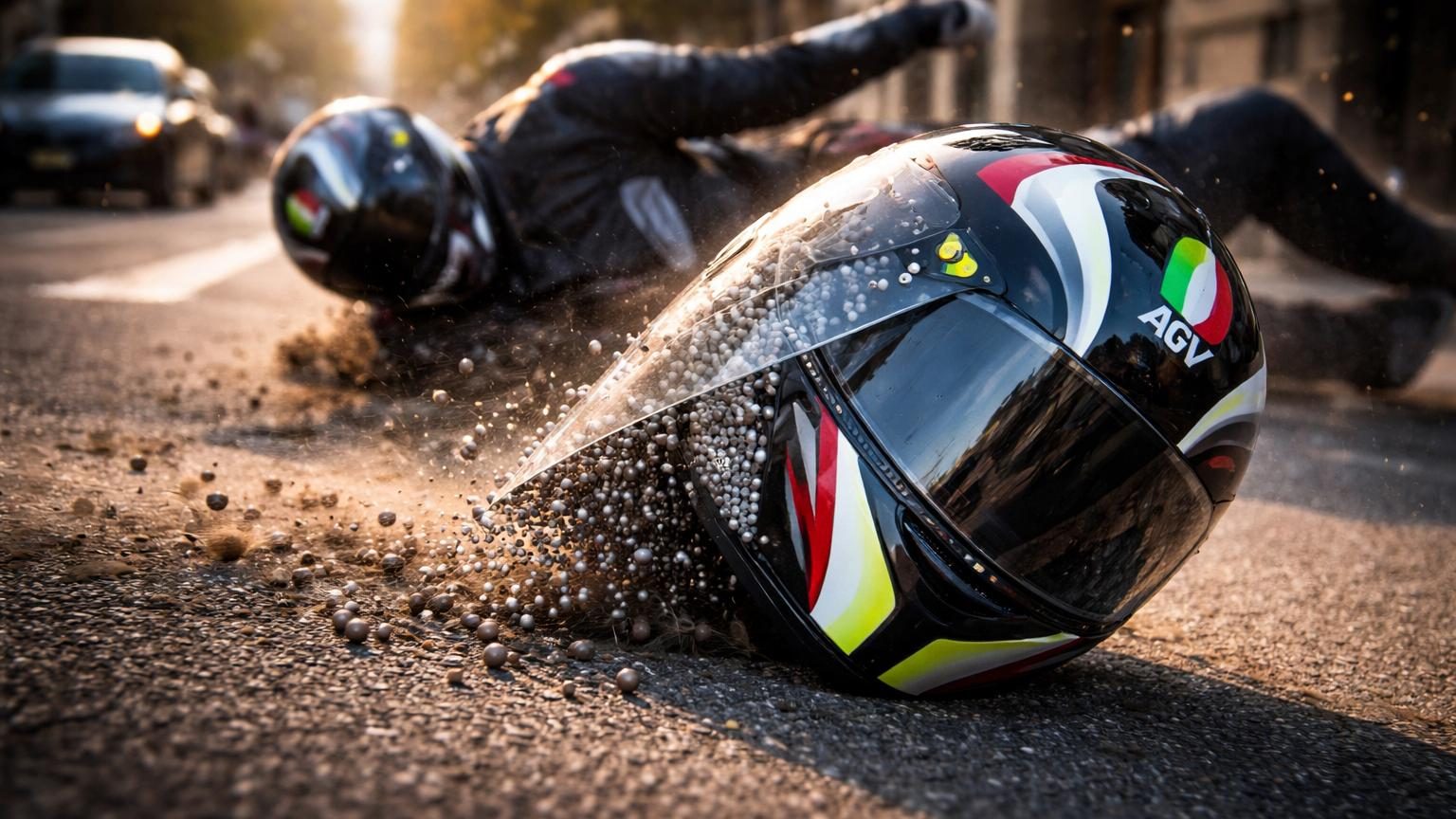 Casque de motocycliste avec couche anti-rotation visible, équipé de sphères en polycarbonate sur la surface externe, testé en laboratoire d'impact.