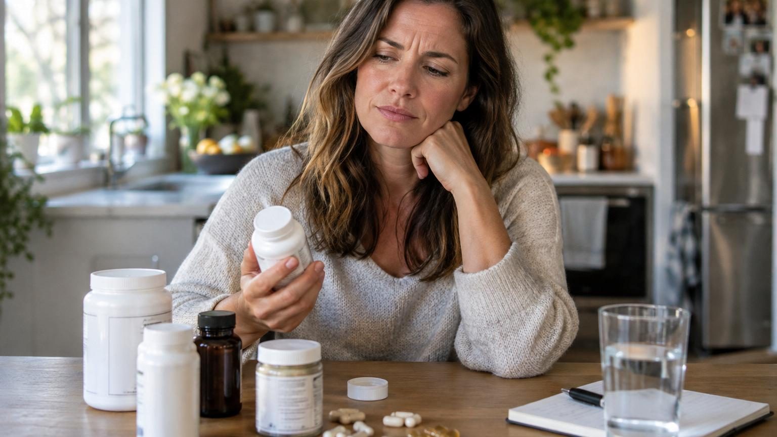 Assortiment de gélules, poudres et compléments au collagène multicolores alignés sur une surface blanche, symbolisant l'offre commerciale de ces produits en pharmacie.