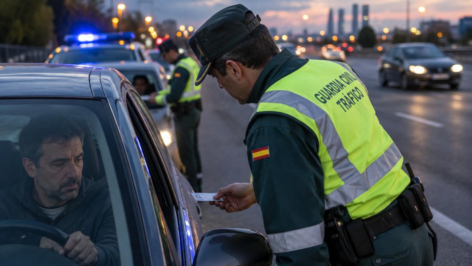 Route espagnole avec panneau de signalisation et contrôle de la Garde civile vérifiant les documents d'un automobiliste.