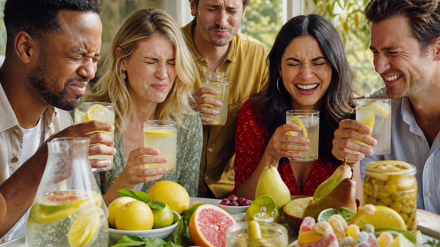 Différents fruits et boissons acides comme du citron, du jus et des agrumes disposés pour illustrer les préférences gustatives individuelles en matière d'acidité.