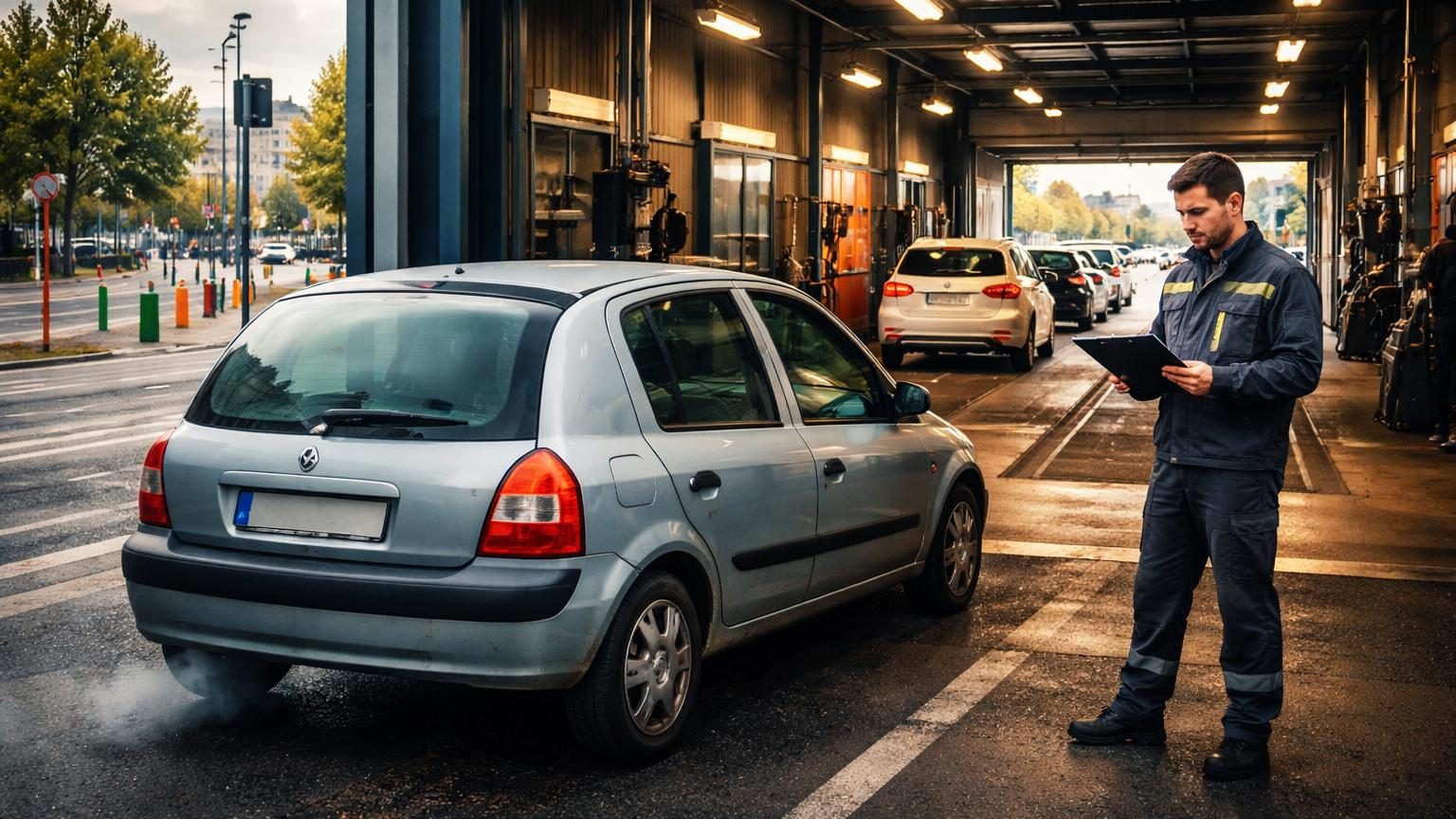 Automobiliste stressé regardant ses pneus avant un contrôle technique automobile, craignant une interdiction de circulation imminente