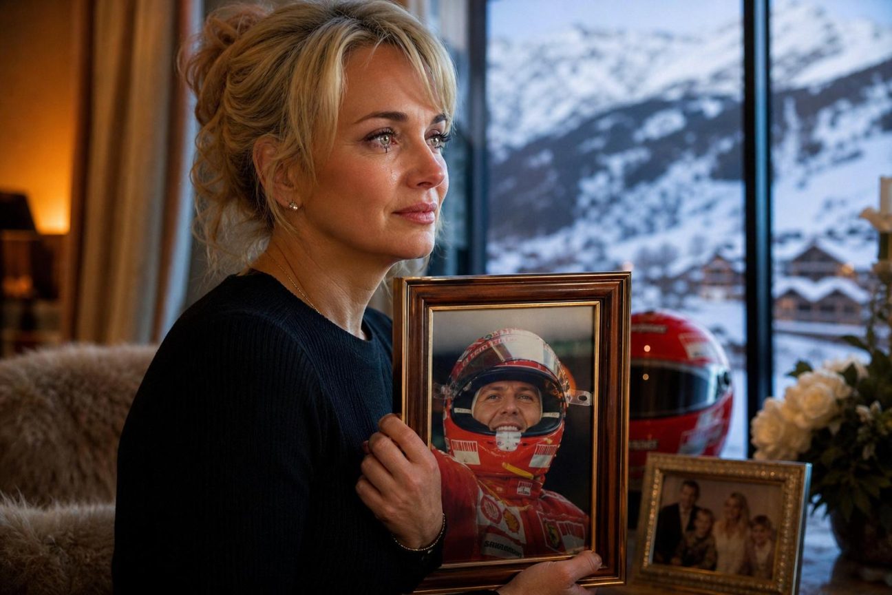 Corinna Schumacher, épouse du champion de Formule 1, photographiée lors d'un événement public, avec une expression de retenue et de dignité reflétant son engagement à protéger la vie privée de sa famille.